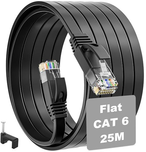 25m Cat 6 LAN Kabel, Flach High-Speed 1Gbps Netzwerkkabel Schwarz Patchkabel, Ultra-Dünn 6mm Ethernetkabel Internetkabel für Gaming Router Modem