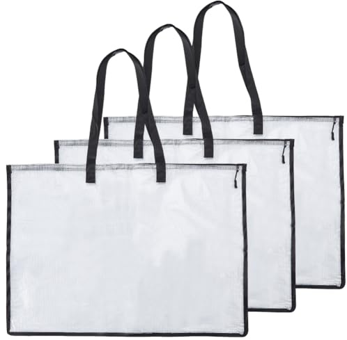 CREATCABIN 3 Stück Transparente Dokumententasche Wiederverwendbare Kunstportfolio Dateien Papier Organizer PVC Tragetaschen Aufbewahrungstasche Für Zeichenbretter Farben Bleistifte Schulbedarf 47x63cm