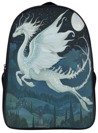 White Drache Rucksack,3D Printed Soaring over The Medieval Dorf Rucksäcke,Grosse Kapazität Schulranzen Reiserucksäcke Büchertaschen Kinder Schultasche 16inch