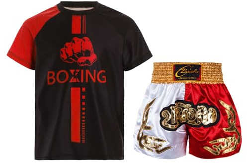 RUNQHUI Completo da Boxe per Bambini Ragazzi, Tenuta Sportiva da Boxe, Combattimento, Top e Pantaloncini Muay Thai, MMA, Kick Boxing, Allenamento, 5-6 Anni
