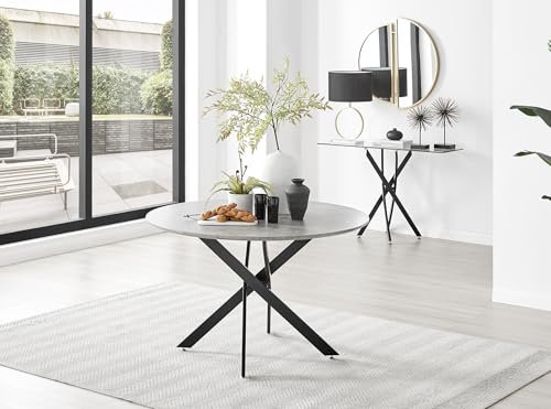Furniturebox UK Dining Table - Novara 120cm Round Industrial Grey Concrete Effect Table with Black Metal Nested Starburst Legs - 2 4 6 Seater Table - Modern Family Dining Furniture