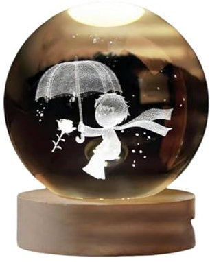LDLTEGRM Luce Notturna Regalo per La Casa in Vetro A Sfera in Vetro A Sfera in Base A Sfera da Regalo con Base in Legno-Piccolo Principe-6 Cm
