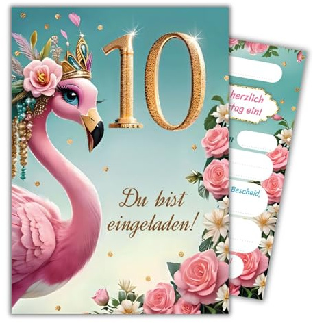 JuNa-Experten 12 Einladungskarten zum 10. Kindergeburtstag Mädchen Flamingo coole bunte Einladungen zehnte Geburtstag Mädchengeburtstag