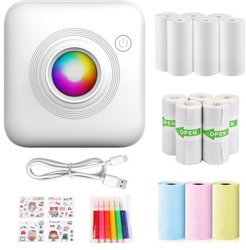 PEAKGEAR Mini imprimante Bluetooth avec 14 rouleaux de papier, imprimante de poche sans fil, imprimante thermique portable sans encre, machine à étiquettes pour Android/iOS, notes, mémo, liste, cadeau