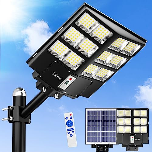 JAYNLT 1000W Lampione Solare Led Esterno, 6500K Faro Stradale con Pannello Solari, IP67 Impermeabile Luci Solari di Sicurezza, Lampioni Stradale con Sensore Movimento per Sentieri, Vialetti, Giardino