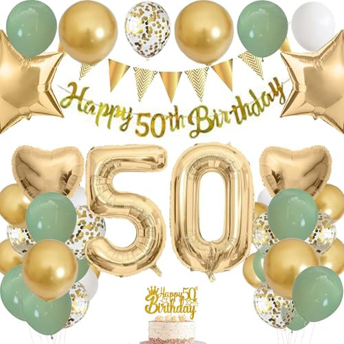 50th Birthday Decorations for Women & Men - Green & Gold Party Supplies Set with Banner, 40 inch Foil Balloons, Cake Topper & Latex Balloons - Happy 50th Birthday Bunting & Confetti Balloon