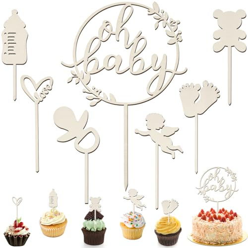 NISENTIA 7 Stück Oh Baby Cake Topper Holz, Babyshowerparty Deko, Kuchen Topper Babyparty Tortendeko,Kuchenstecker für Baby Shower Eine Windeltorte Gender Reveal Partydeko
