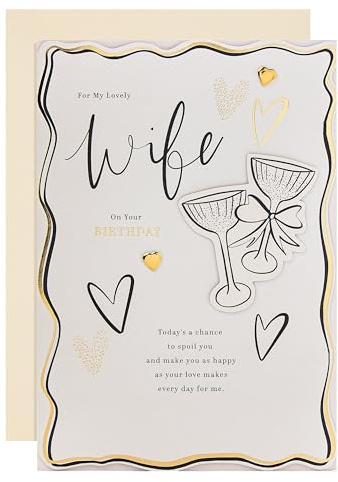 Hallmark Birthday Card for Wife, Gold Foil, Hearts, Glasses Design | Heartfelt Verse, 26cm x 18cm, Gold Foil, Die-cut Details, Cream Envelope, Recyclable