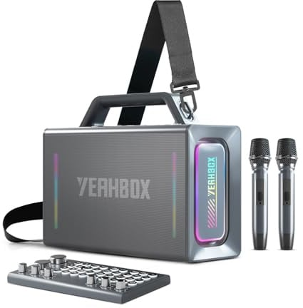 YEAHBOX Thunder 500 Party-Lautsprecher – 200W Max Leistung Bluetooth-PA-System mit Dual-Wireless-Mikrofonen, DSP-Soundkarte, LED-Beleuchtung & 10H Wiedergabedauer, tragbar für Outdoor, Zuhause und Ver