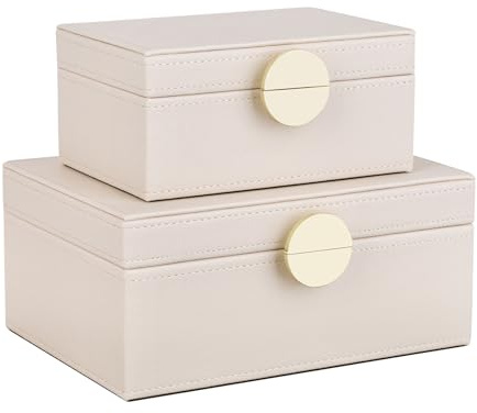 HofferRuffer Faux Leather Jewelry Boxes, Decorative Boxes Storage Accessory Organizer with Gold Hardware Decor, Classic Vegan Leather Set of 2 Pieces (CreamWhite)