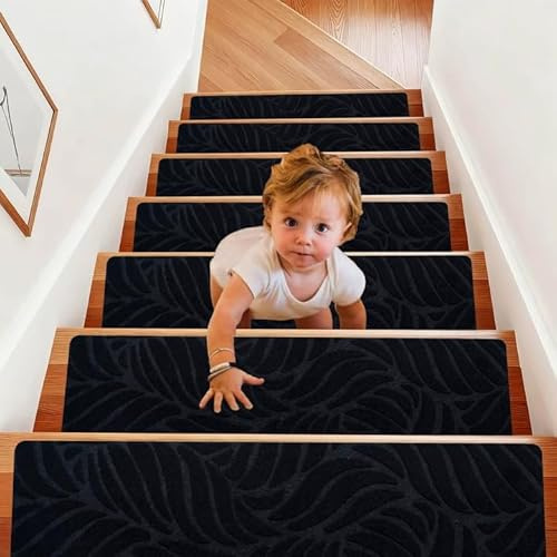 15 Stück Stufenmatten Selbstklebend, Treppenstufen Matten Rutschfest, Selbstklebend, Stufenmatten für Innenbereich, Treppenstufen Teppich für Kinder, Ältere & Haustiere (Schwarz-A, 76x20cm)
