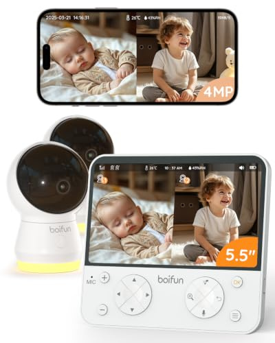 BOIFUN 4MP Babyphone mit 2 Kameras App, Split-Screen-Ansicht, KI/Weinen/Bewegungs/Geräuscherkennung, Intelligente Nachtsicht, Automatische Verfolgung, PTZ 345°/65°, 5.5 Video Babyfon WLAN