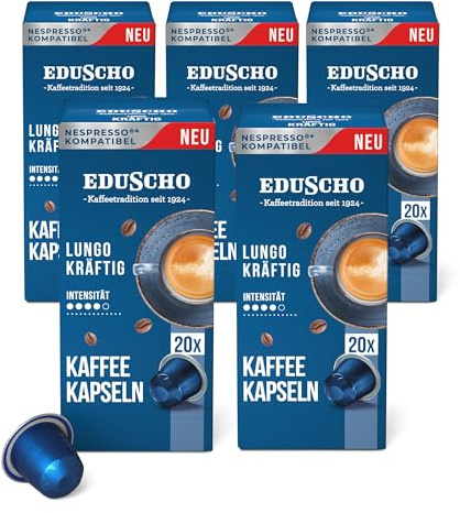 Tchibo Eduscho Vorratsbox Lungo Kräftig Kaffeekapseln, 100 Stück (5 x 20 Kaffeekapseln), kompatibel mit Nespresso, mittlere Röstung, aromatisch und vollmundig im Geschmack, nachhaltig & fair gehandelt