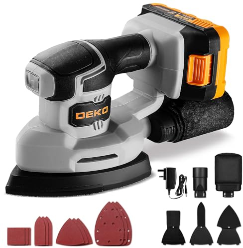Cordless Mouse Sander for Wood: DEKOPRO 20V Detail Sander with Dust Collector and 2.0Ah Battery 13000 RPM, 3 Additional Attachments 12PCS Sandpapers - Compact & Ideal for Tight Space Sanding