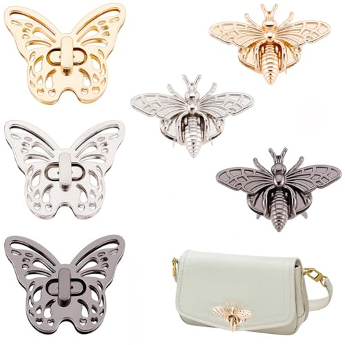 Beebeecraft 6 Sets Purse Turn Lock, 2 Styles 3 Colors 3D Bee Shape Butterfly Bag Turn Buckles Decorative Lock Alloy Purse Twist Lock Clasp Closure Lock Clutch Closure for DIY Craft Bag Handbag Making