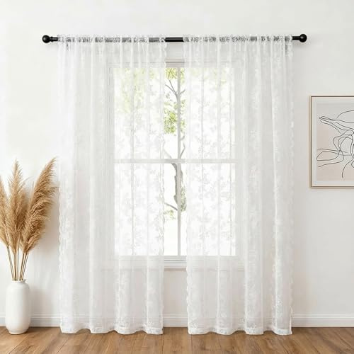 NAKIHOUSE Lace Voile Curtain, 2 Panels Net Curtains for Windows 72 Drop | Slot Top Sheer Curtains, Light Filtering White Floral Lace Voiles for Bedroom Living Room Kitchen W52xL72 Inch (132x183cm)