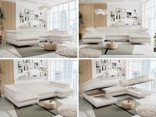 MKS MEBLE Sofa U-Form, Wohnlandschaft U-Form, Sofa mit Schlaffunktion und Bettkasten, Schlafsofa mit Bettkasten, Couch mit Verstellbare Kopfstützen - Peter U - Creme Cord (mit Topper Visco)