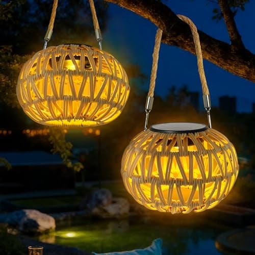 Solarlampen Für Außen Hängend/Stehend, 2 Stück Solarlaterne Für Außen, IP65 Solar Lampions Außen Wetterfest, Solar Laternen Für Draußen, Rattan Solarleuchten Garten Balkon Patio, Solarlaterne Outdoor
