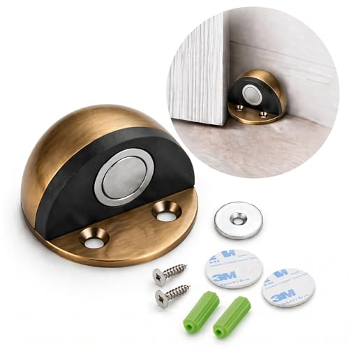 Magnetic Door Stop, Brushed Bronze Floor-Mounted Holder, Low-Profile Dome | Cushioned Contact, Screw Or Self-Adhesive Mounting, Receiver Plate And Fixings, For Interior Home And Office Doorways