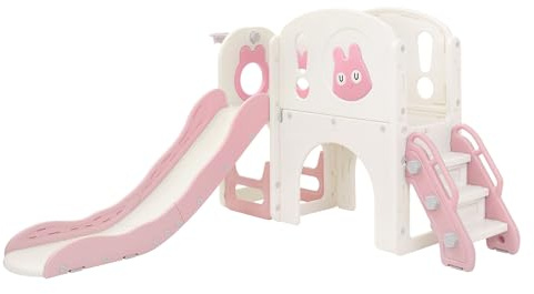 Joyz Kinderrutsche mit Spielturm, 5 in 1 Kinder Spielplatz mit Turm Rutsche Treppe Basketballkorb Teleskop, Spielset Klettergerüst, Spielzeug Indoor Outdoor Spielgerät für Kinder ab 3 Jahren, Rosa