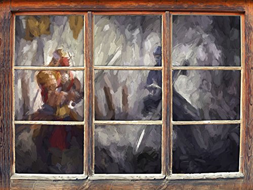 Stil.Zeit Kampf zwischen Samurai und Ninja Kunst Pinsel Effekt Fenster im 3D-Look, Wand- oder Türaufkleber Format: 92x62cm, Wandsticker, Wandtattoo, Wanddekoration