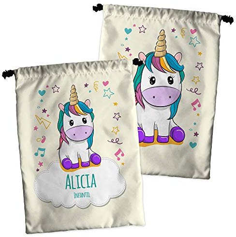 LolaPix Bolsa infantil de merienda - Regalo Personalizado con Nombre - Varios diseños - Unicornio