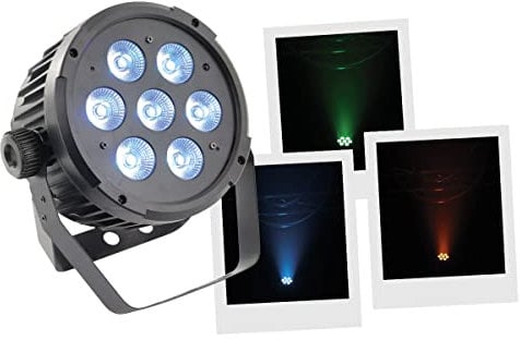 BoomToneDJ LEDPAR 7x10W, Par LED 5 in 1 RGBWA 10W Eclairage de scène Projecteur effet DMX 9 canaux. Multi effets Pulsation, Fade, Jump. Programmes automatiques, Détection musique. Télécommande IR.
