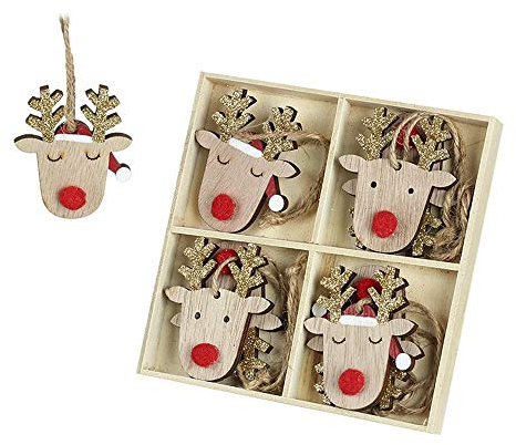 Heaven Sends Set of 8 Wooden Reindeer Christmas Tree Decorations - Quirky Fun Rustic Ornaments