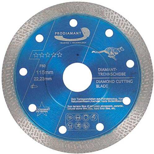 PRODIAMANT Profi Diamant-Trennscheibe 115 mm x 22,2 mm Fliese Feinsteinzeug F50 extra dünn für bis zu 20mm Plattenstärke