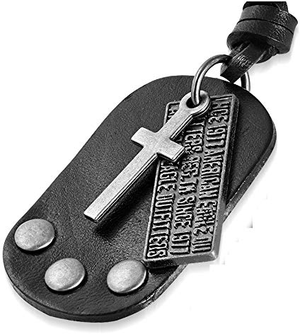 Bungsa Biker-Halskette für Herren aus Leder mit Anhänger Messing (Dog Tag aus Leder dreiteilig/schwarz)