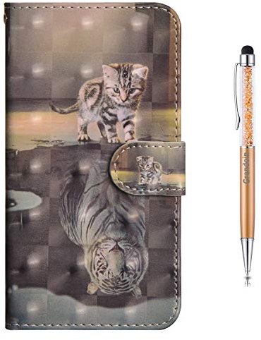 Grandoin Kompatibel mit iPhone 12/12 Pro Hülle (6,1 Zoll),3D PU Leder Etui Flip Cover Muster Book Case Schutzhülle Handytasche Handyhülle [Ständer Kartenfach] [Magnetverschluss] (Katze und Tiger)