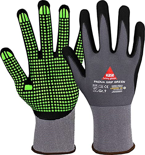 strongAnt 10 PAAR - PADUA GRIP Montagehandschuh aus Nylonfeinstrick mit Nitrilschaum Beschichtung und Nitrilbenoppung an Handinnenflüche und Fingerkuppen - Grau/Grün- Grüüe: 9