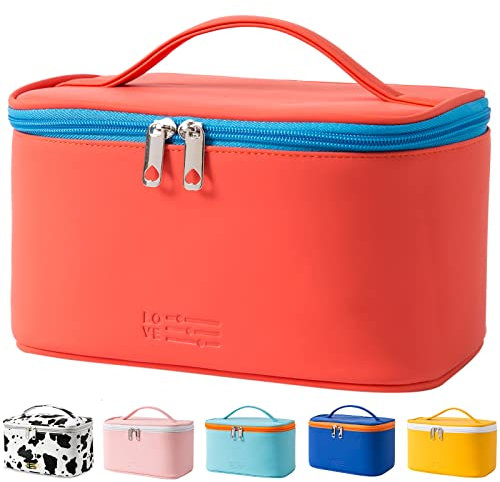 Makeup Bag Portable Travel Cosmetic Bag for Women, Beauty Zipper Makeup Organiser Bag with Inner Pouch PU Leather Washable Waterproof (Red)