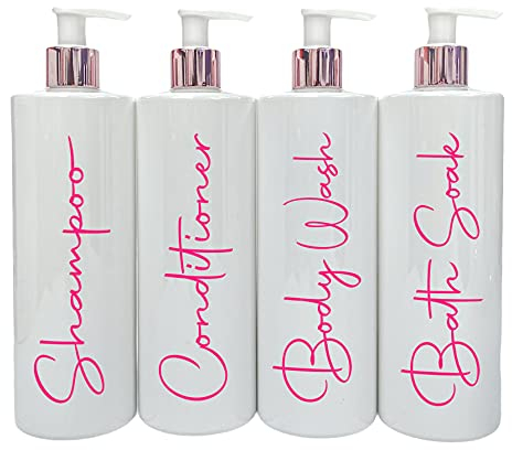 Print Maniacs White Mrs Hinch Inspired Personalised 500ml Bottles Bathroom Lotion Kitchen Shampoo Conditioner Rose Gold Pump (Set 4, F2) (Pink)
