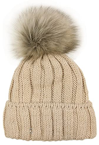 Ever Bloom Strickmütze Damen mit Kunstfell Bommel Abnehmbar, made in EU, Beanie Mütze Bommelmütze, Warme Wintermütze mit Thermo Fleece Innenfutter, Mütze Farben:Beige