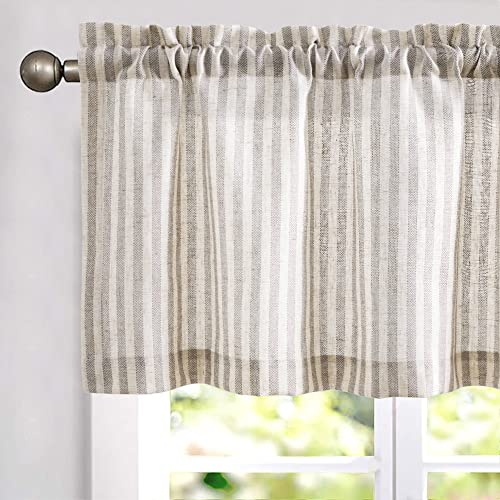 TOPICK 1 Stück H 40 x B 125 (cm) Scheibengardine Gestreift Leinen Gardinen mit Streifen Küchenvorhang Blickdicht Kurz Küchengardinen für Küchen Esszimmer Badezimmer Klein Leichtgraubraun auf Beige