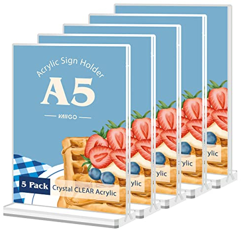 VAIIGO Tischaufsteller A5 Aufsteller, T-Ständer Aufsteller, Acryl Menükartenhalter Werbeaufsteller, Transparente T-Werbeaufsteller Aufsteller Ständer für Tisch, Büro, Restaurants(Weiß Basis,5 Stück)