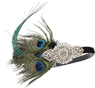 20er Jahre Flapper Stirnband mit Pfauen Federn und Strass Applikation Charleston Pfau Kopfschmuck