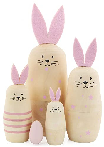 Boerni Set mit 5 Hasen-Holzpuppen, handgefertigt, niedlicher Hase mit rosa langen Ohren, Matroschka-Puppen für Kinder, Geburtstag, Weihnachten, Ostern, Geschenk, Heimdekoration