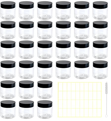 BiBiFly 60ml 30pcs Clear Plastic Round Jars with Black Lids, Leak-Proof Storage Jars Containers for DIY Crafts, Kitchen Use, Beauty Product and More