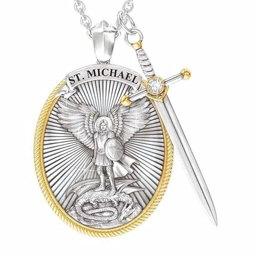 GAUEIOUR New Archangel St. Michael Catholic Patron Steel Pendant Necklace,Christian Amulet, Fashionable Retro Men's Alloy Necklace Pendant, Prayer Necklaces, Christian Gift