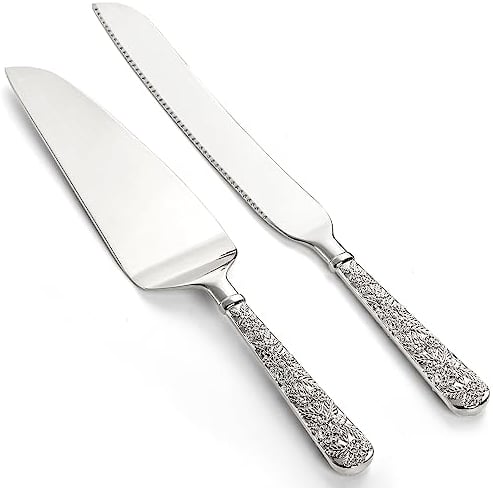 Dicunoy 2 PCS Wedding Cake Knife and Server Set, Silver Cake Server Cutting Set, Vintage Engraved Birthday Cake Knife, Cake Cutter and Elegant Serving Spatula for Birthday, Party, Anniversary