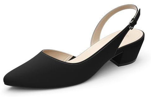 MSKFZEK Women's Pumps Slingback Kitten Heels Pointed Toe Block Low Heel Dress Shoes for Women Black Nubuck 7.5