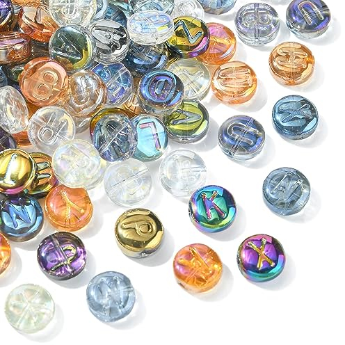 UR URLIFEHALL Lot de 100 perles rondes et plates en verre avec lettres de l'alphabet pour la fabrication de bijoux, loisirs créatifs, bracelets mélangés aléatoires