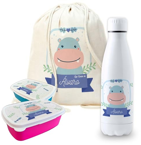 Pack vuelta al cole diseño leon botella personalizada + mochila saco personalizada + fiambrera personalizada con foto y/o texto para el colegio o guardería. Caja merienda libre BPA
