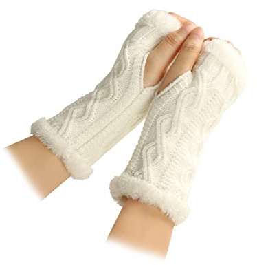 Feelorna Damen stricken fingerlose Handschuhe, Winter Plüsch Handschuhe Fäustlinge Handgelenke Warmere Arm Handschuhe mit Daumenloch