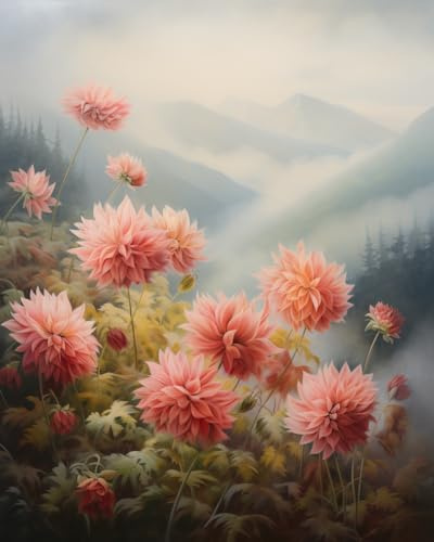 Cross Stitch Embroidery Kit, Misty Mountain Dahlias, Cross Kits for Adults, Easy Counted Cross Kits for Beginners,16x20inch