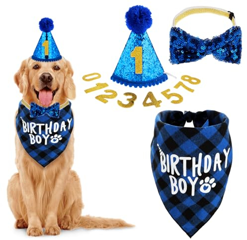 WLLHYF Geburtstagsparty-Zubehör für Hunde - Bandana-Set, Geburtstagsmütze Mit Zahlen, Fliege für Kleine, Mittelgroße und Große Haustiere (XL-Bandana)