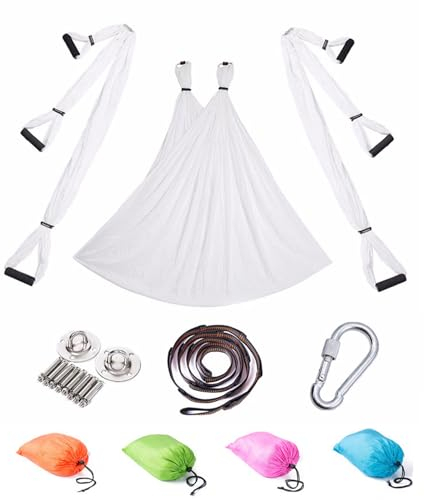 Yoga Hängematte Set Aerial Yogatuch Zum Aufhängen Hängematten Hammock Swing Therapieschaukel Schaukeltuch Yogagurt Hängetuch Inversion (Weiß)