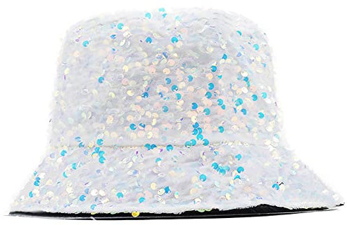 CaySep Unisex Fischerhut mit Glitzer-Pailletten – Hip-Pop-Strand-Sonnenhut, faltbarer Fischerhut für Reisen, weiß, Einheitsgröße